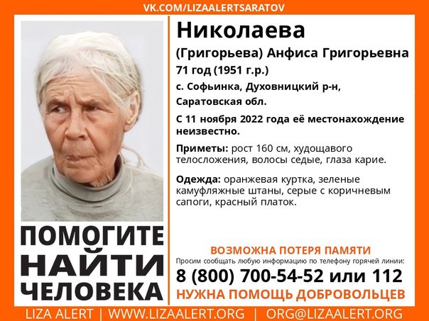 Под Саратовом ищут пенсионерку в камуфляжных штанах и оранжевой куртке