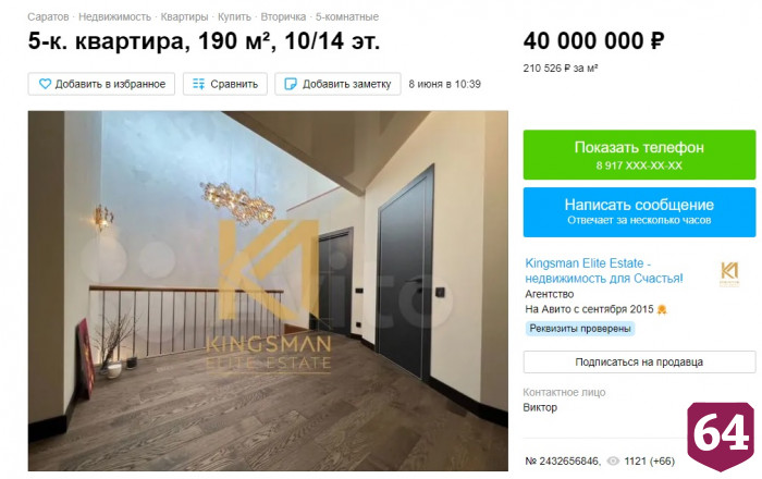 В Саратове за 40 миллионов продают квартиру с выходом на крышу