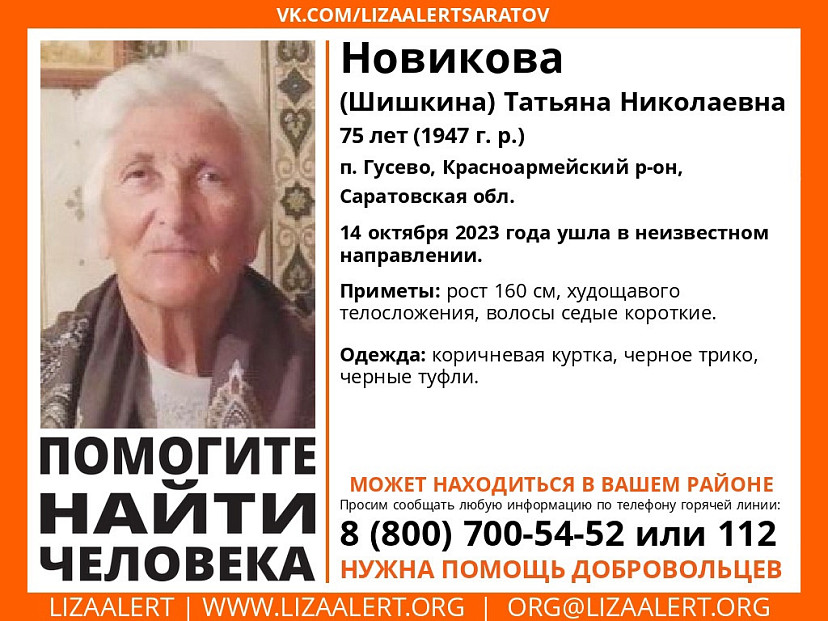 Под Саратовом ищут невысокую пенсионерку в черных туфлях