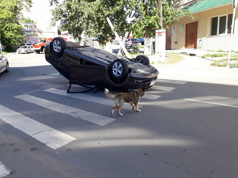 «Шкода» под управлением автоледи на перекрестке опрокинулась на крышу